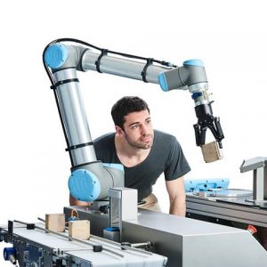 Double exposure of automate wireless Collaborative robot arm usage in smart factory.