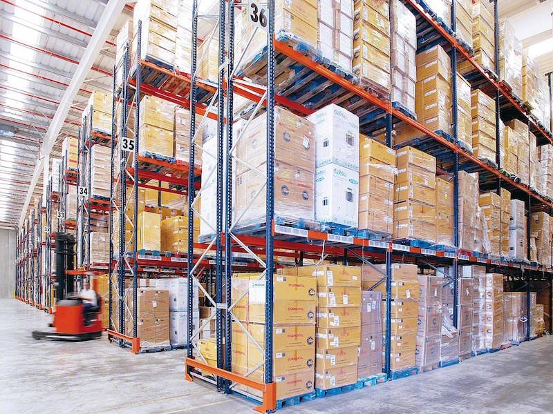 Static Shelving System with Goods in Modern Warehouse Storage System.