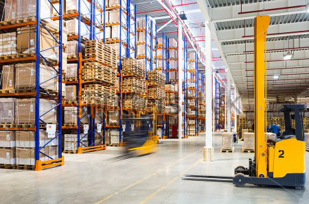 Image showing industrial warehouse with forklifts